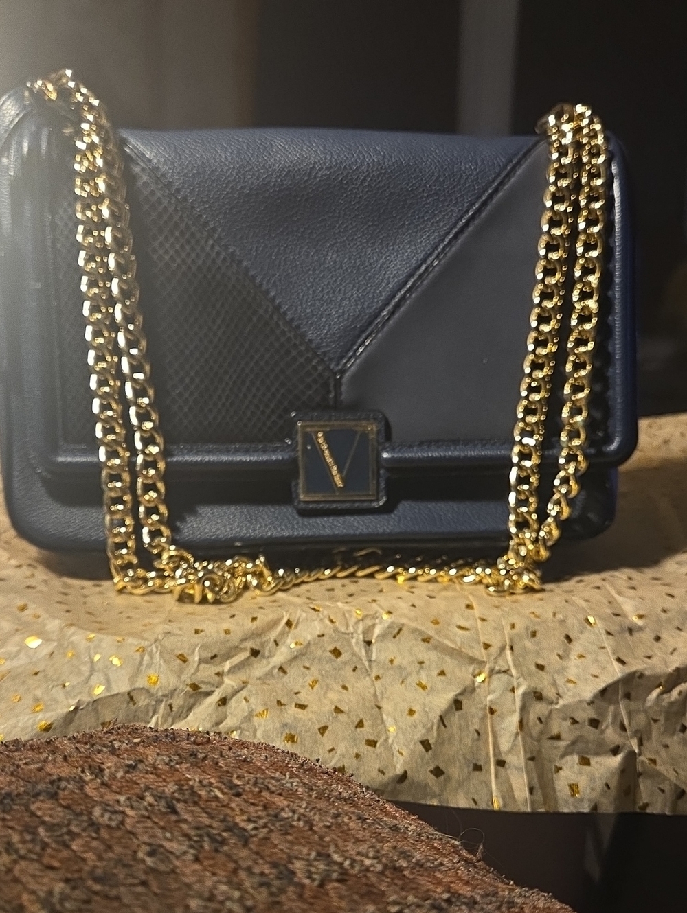 Victoria's Secret Navy Quilted Crossbody with Gold Chain Strap